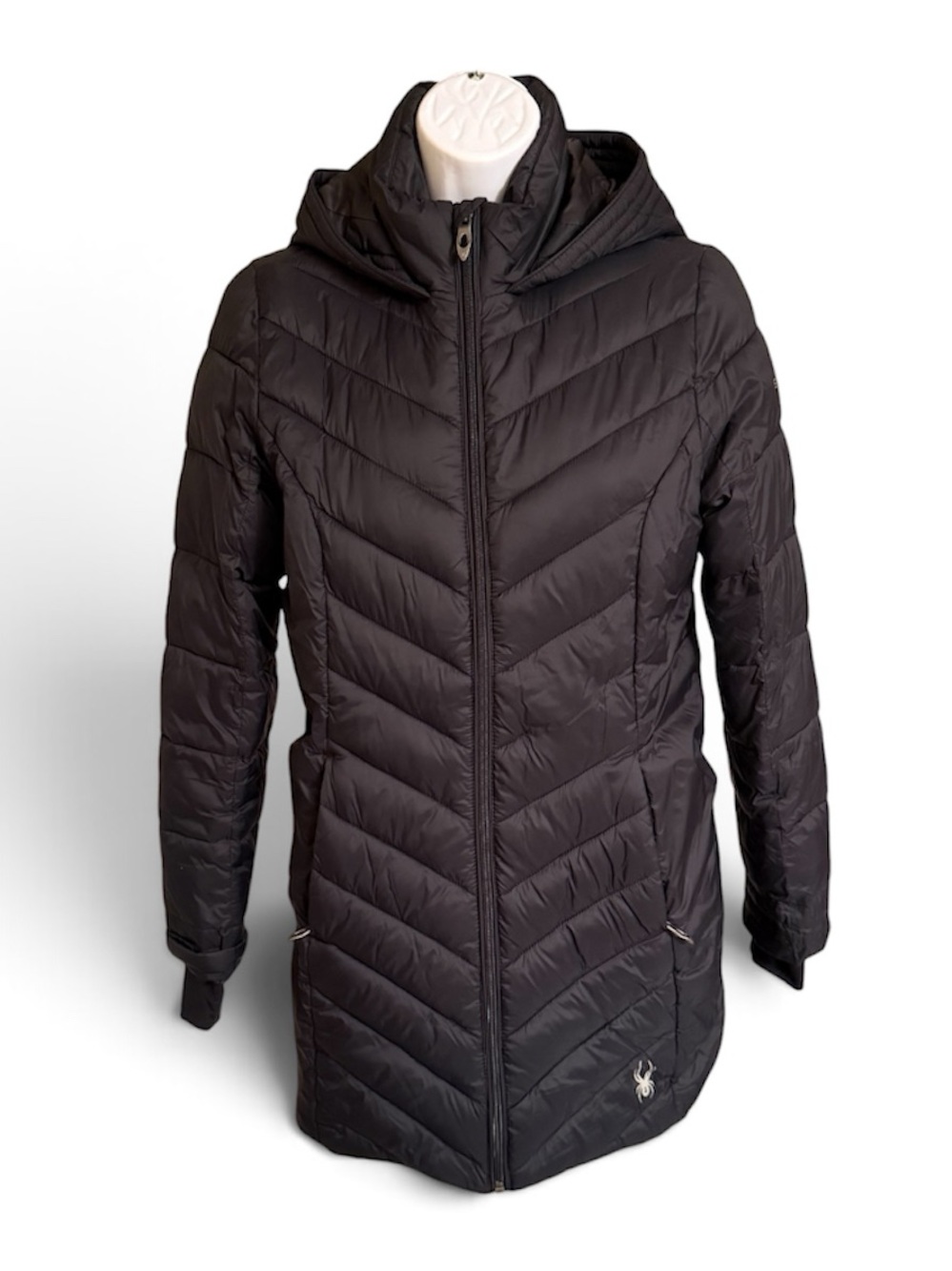 Spyder Girls L 12/14 Black Long Puffer Coat Hooded Quilted Winter Jacket